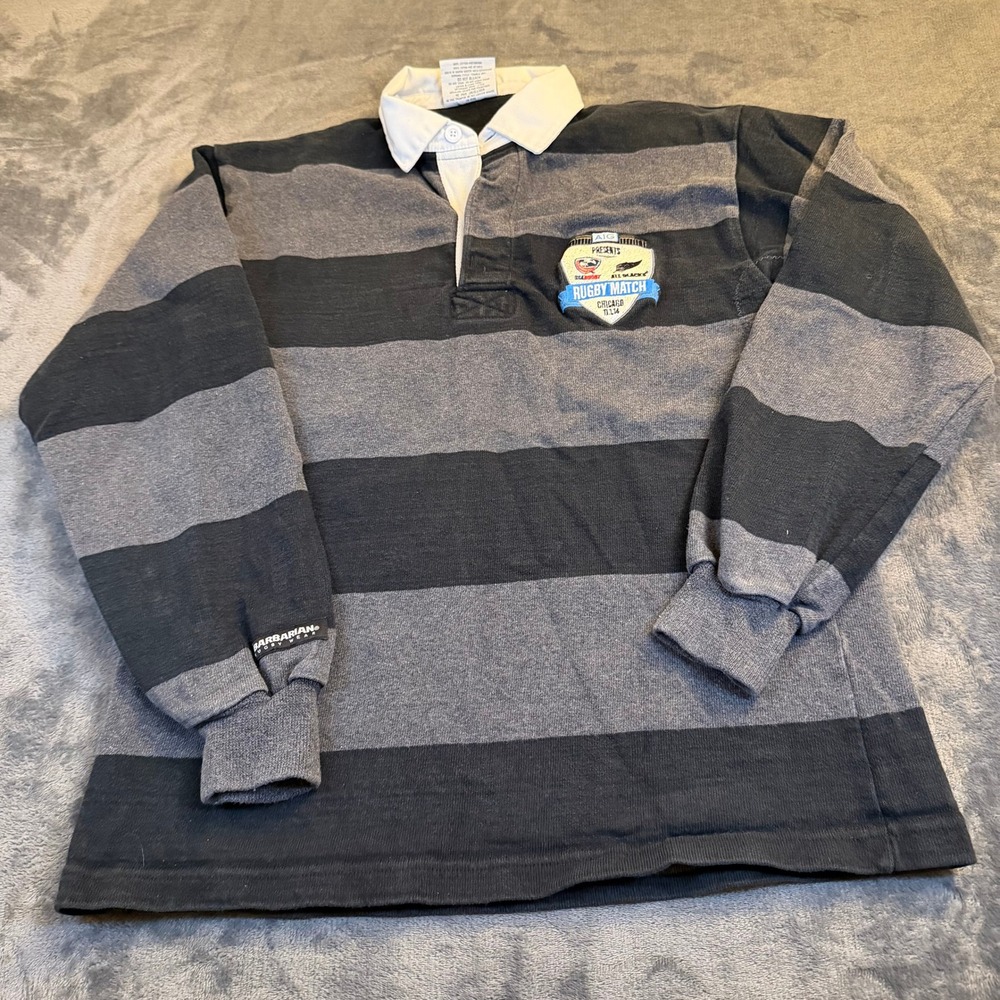 Barbarian Rugby Wear Black Grey Striped Long Sleeve Polo Shirt Men's Size Small